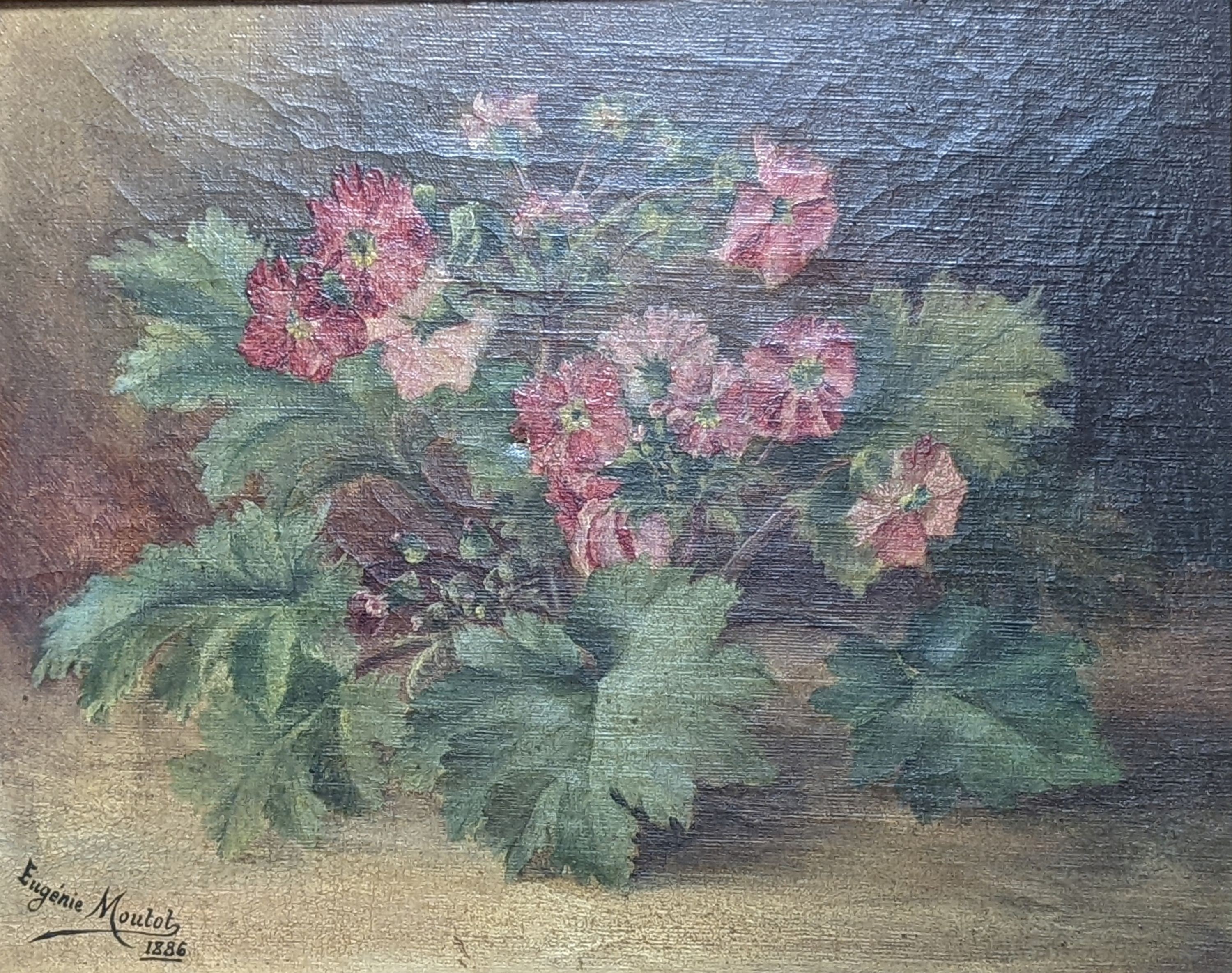 Eugene Moutot (19th C.), oil on canvas, Still life of flowers, signed and dated 1886, 28 x 35cm